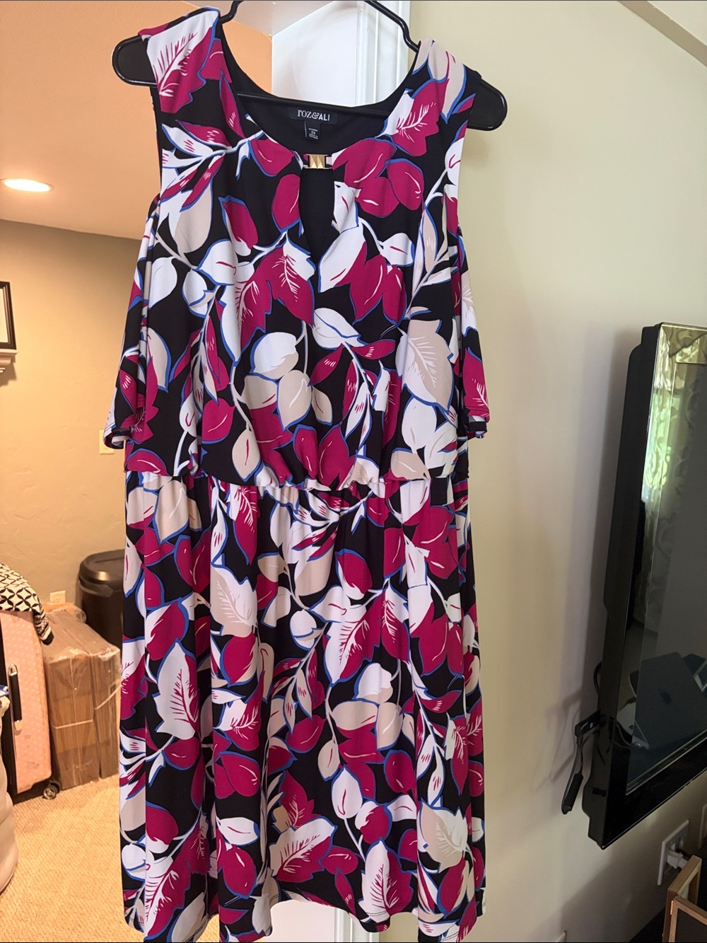 Roz & Ali Black Floral Midi Dress with Magenta and Cream Leaves